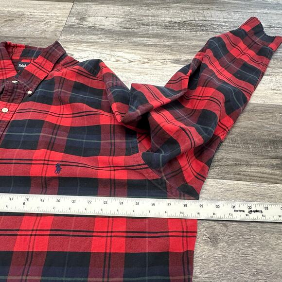 Vintage 90s Ralph Lauren Red Black Tartan Mens 2XLT Button Up Long Sleeve Shirt - Picture 5 of 9